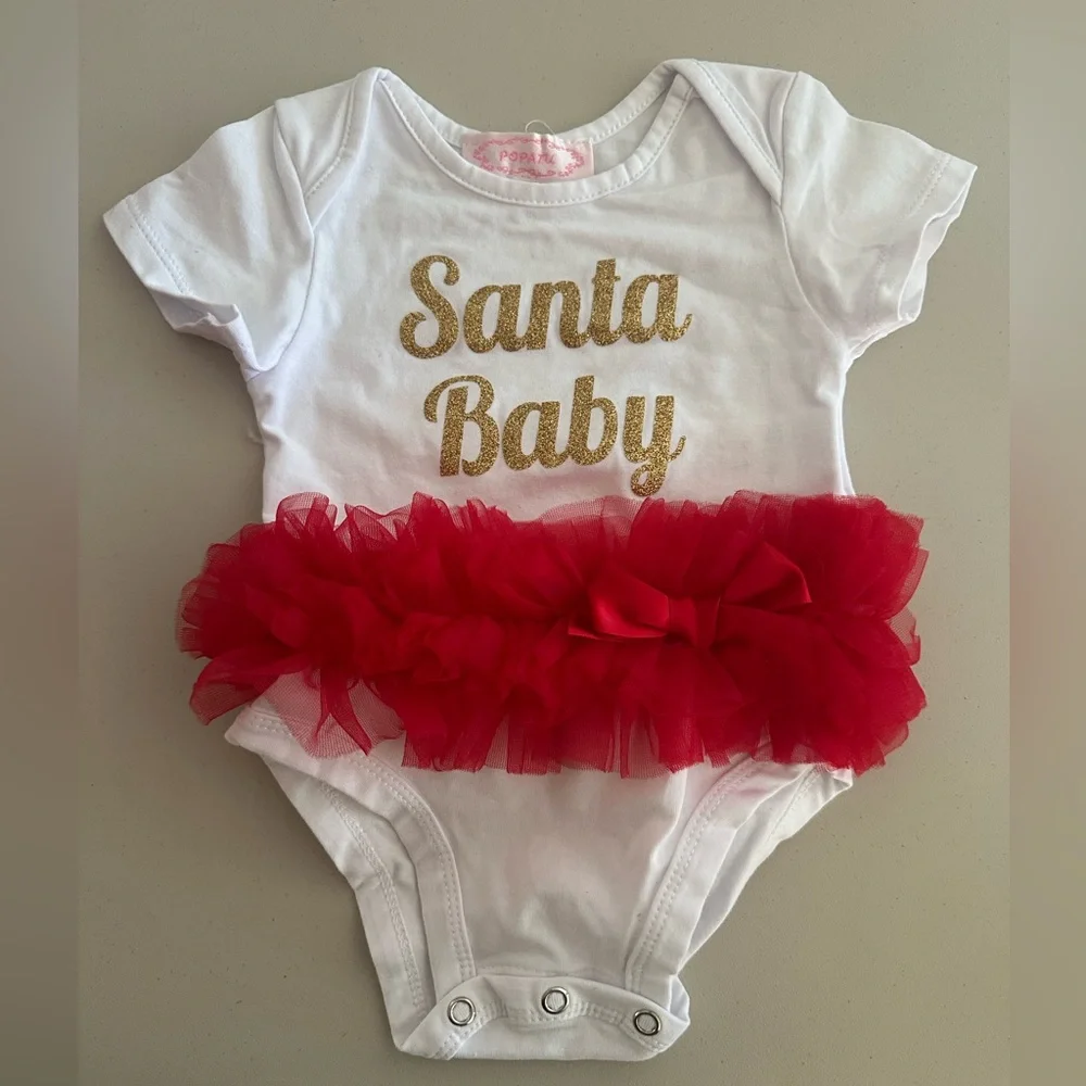 Popatu White Onesie with Red Tutu and Gold 'Santa Baby'